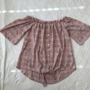 CY Fashion Women's Medium Mauve Blouse Floral Tie Front Button Up Off Shoulder